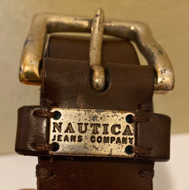 Vintage Nautica Full Grain Italian Brown Western Leather Belt Solid Brass Buckle Made in Italy image 2