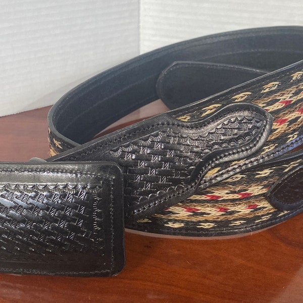 Western Black Tooled Leather 2” Wide Woven Belt & Leather Buckle Men Size 38 Made in Mexico