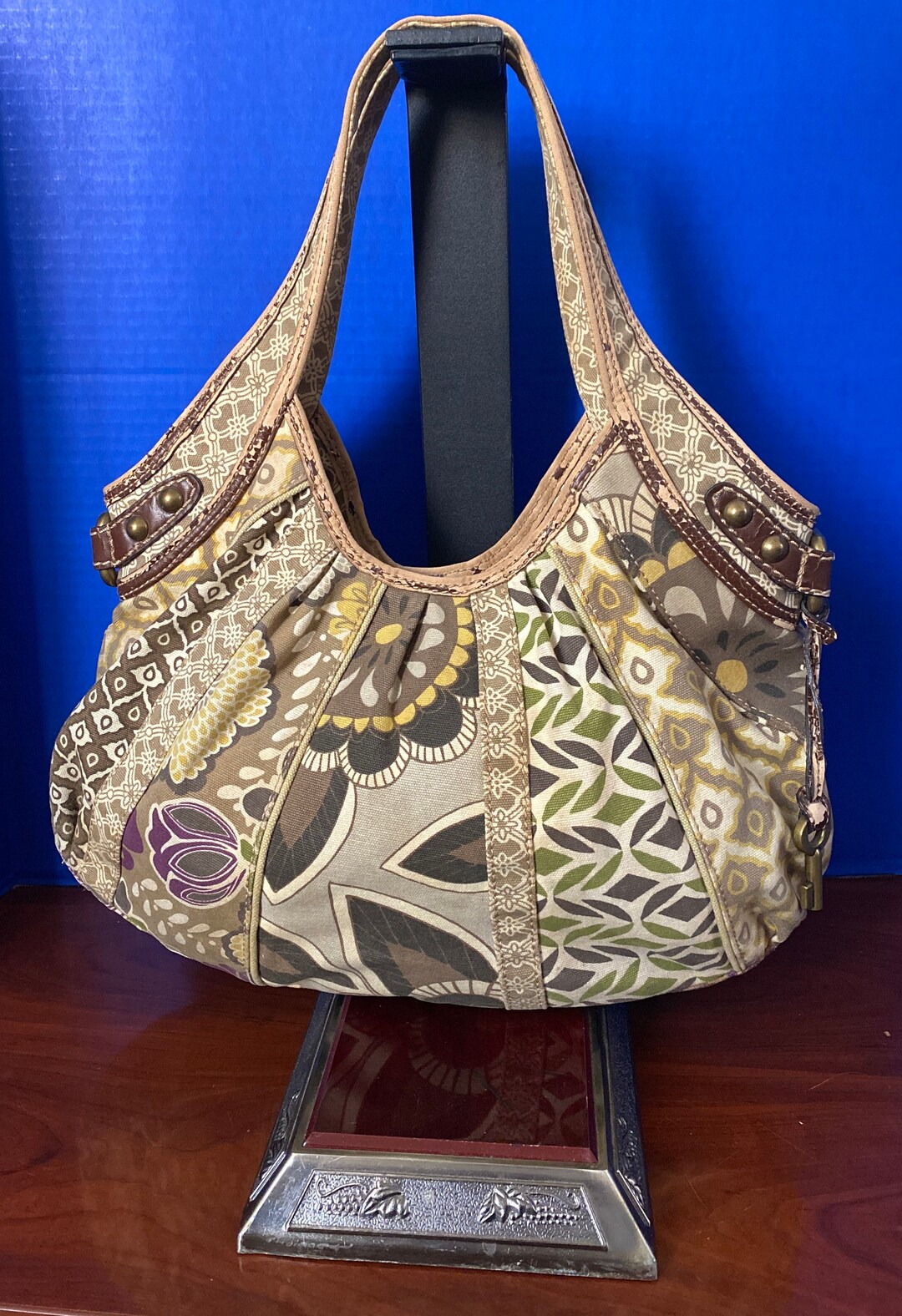 Vintage Fossil Floral Canvas Shoulder Bag Tote With Brass Key Charm Etsy