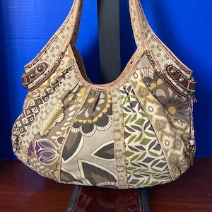 Vintage Fossil Floral Canvas Shoulder Bag tote con colgante de llave de latón