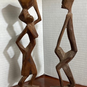 Vintage Native Hand Carved African 10” Wood Statue Woman Carrying Water & Man with Drum