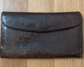 Vintage Rustic Brown Distressed Leather Women Trifold Wallet Snap Closure with Extra Leather Check Wallet Made in USA