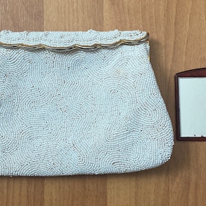 Antique 1950s Joseph White Hand Beaded Elegant Evening Handbag Clutch Purse Handmade in Italy with Coblentz Mirror