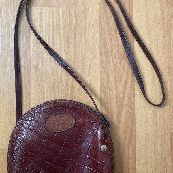 Vintage Rare 1980s Ravasi Handcrafted Brown Leather Polo Bag Equestrian Crossbody Shoulder Western Croc Embossed Bag Made in Italy