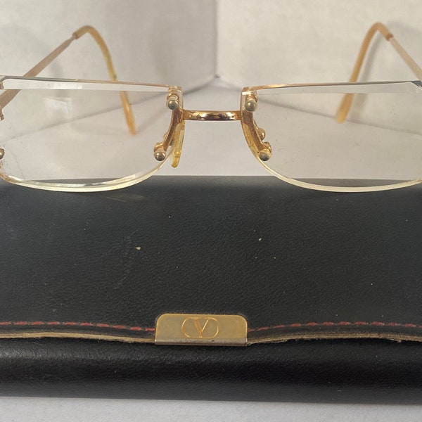 Vintage Rare Valentino Eyeglasses 22KT Gold Plated Ceres Cut Glass Lens with Original Leather Case Made In Italy