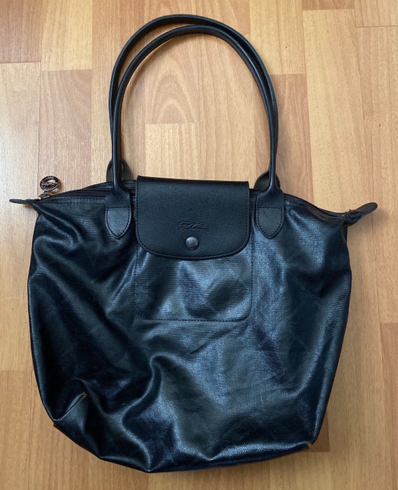 Longchamp Black Coated Canvas Shoulder Hand Bag Purse Leather Strap Made in France