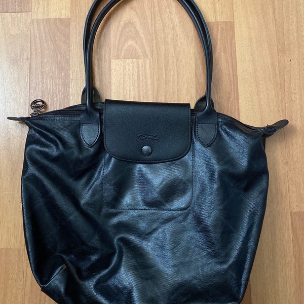 LongChamp Schwarz Beschichtet Canvas Schulter Hand Tasche Geldbörse Lederband Made in France