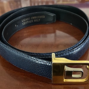 Vintage 80s Blue Lizard Embossed Leather Belt with Brass Retro Buckle