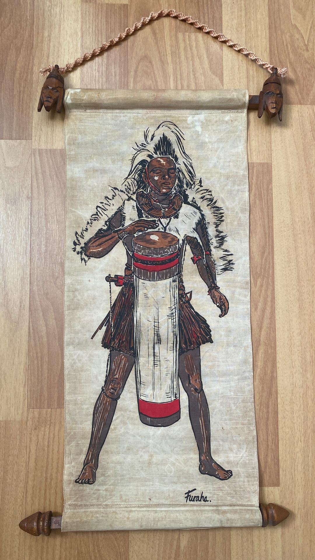 Kenyan African Hand Painted 22 Signed Furaha Scroll Painting Wall