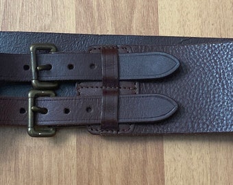 Vintage 90s Theory Brown Leather 2.5 Inch Wide Leather Waist Belt & Brass Double Buckle Made in Italy