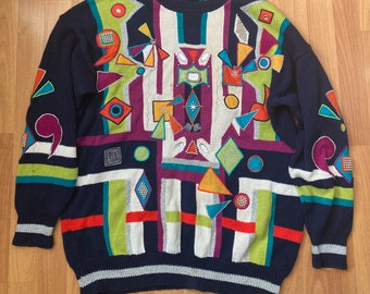 Vintage 1991 Women I.B. Diffusion colorful gem bejeweled oversized sweater Large