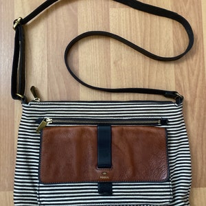 FOSSIL Kinley Front Flap Pocket Bag Crossbody Striped Fabric Tan Leather Etsy