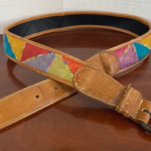 Vintage 70s patchwork suede belt + brass buckle Vintage 70s Brown Suede Patchwork Gold Buckle Skinny Women main image 4