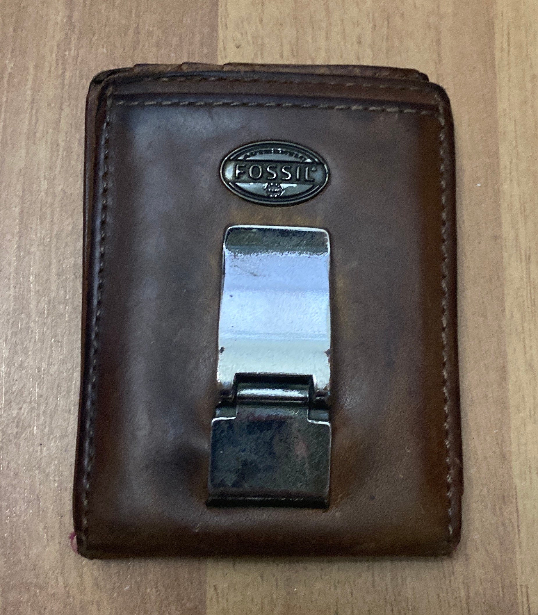 Vintage Fossil Dark Brown Distressed Leather Rustic Money Clip 