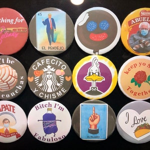 Hispanic Meme Pins, Hispanic Vibes, Custom Pins, Memes, Custom Buttons, Conchas, Tacos, Tapatio, Selena, Loteria, Fabuloso, Lucas, Mexican