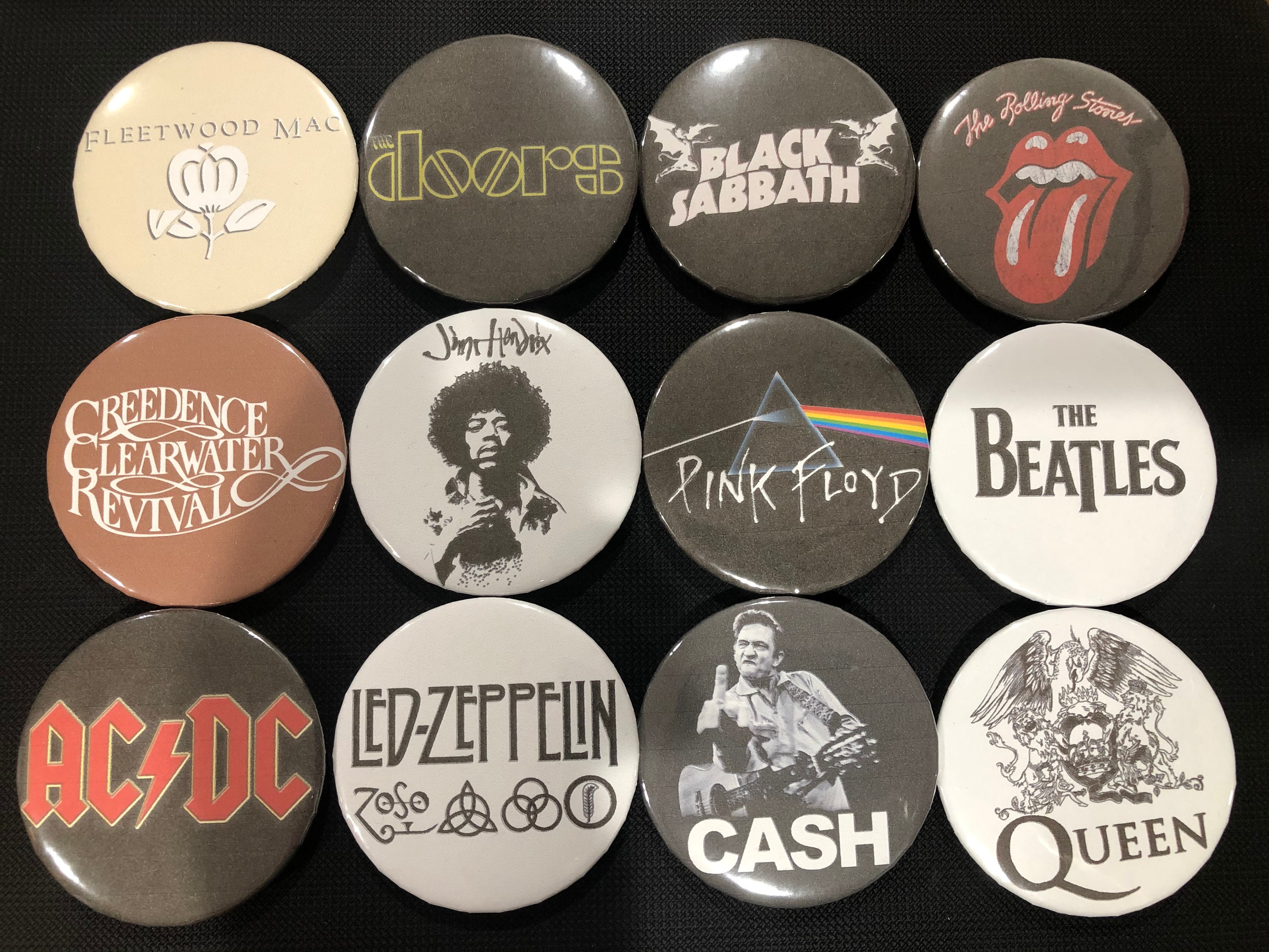 Classic Rock Pins, Pink Floyd, The Doors, Rolling Stones, The Beatles, LED Zepplin, Band Pins, Band Logos, Custom Pins, Custom Buttons