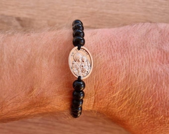 St Joseph bracelet, saint joseph bracelet, Catholic Black Bracelet, Wood bracelet,Patron Medals, Charm Bracelet Adjustable bracelet