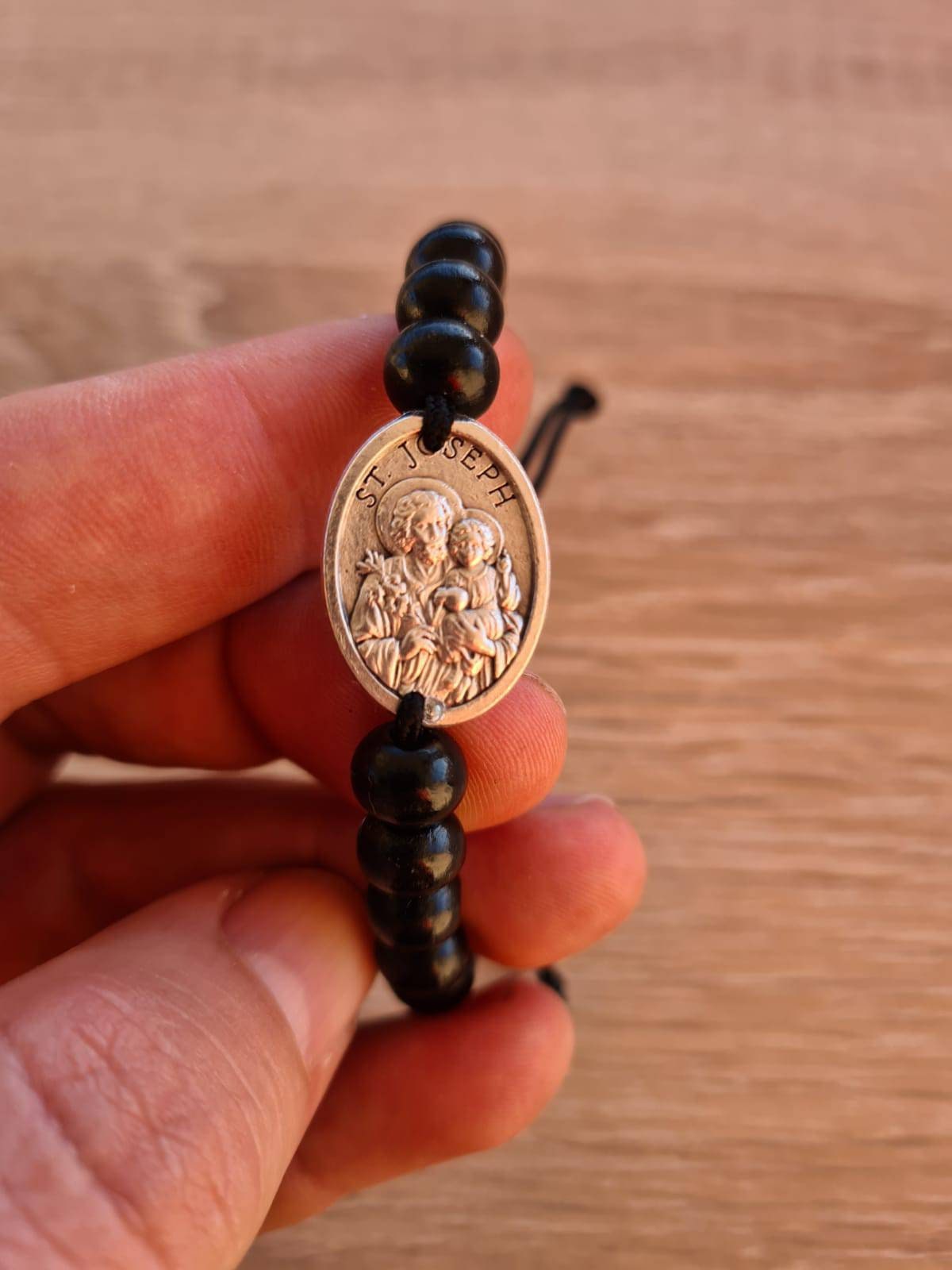 St. Joseph bracelet, saint joseph bracelet, Catholic Black Bracelet, Wood bracelet,Patron Medals, Charm Bracelet Adjustable bracelet, gift