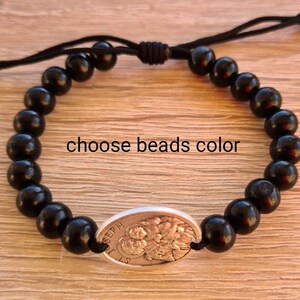St. Joseph bracelet, saint joseph bracelet, Catholic Black Bracelet, Wood bracelet,Patron Medals, Charm Bracelet Adjustable bracelet, gift