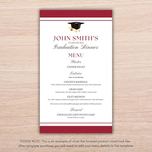 Class of 2025 Graduation Dinner Menu Canva Template (Red) – Editable & Instant Download