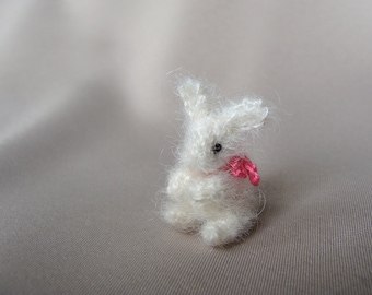 Tiny crochet miniature teddy bunny toy. Amigurumi white rabbit teddy. Dollhouse miniatures, Best friend Christmas gift. 35 mm. 1.4  Inches.