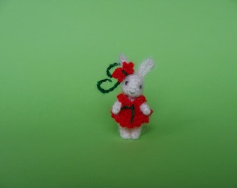 Tiny crochet miniature bunny toy, White rabbit teddy for dollhouse, Micro miniature rabbit in red dress Little handmade rabbit 1.2 inch 3 cm