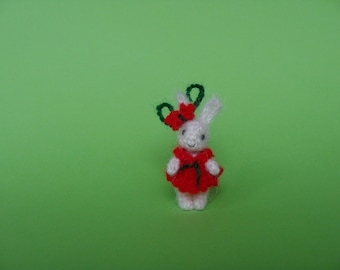 Tiny crochet miniature bunny toy, White rabbit teddy for dollhouse Micro miniature rabbit in red dress Little handmade rabbit 1.2 inch 30 mm