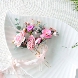 Set of 5 hair pins,Blush pink floral hair pins,Wedding Pink Flowers,Pink flower hair pins,Wedding hair pieces for bridesmaid image 1