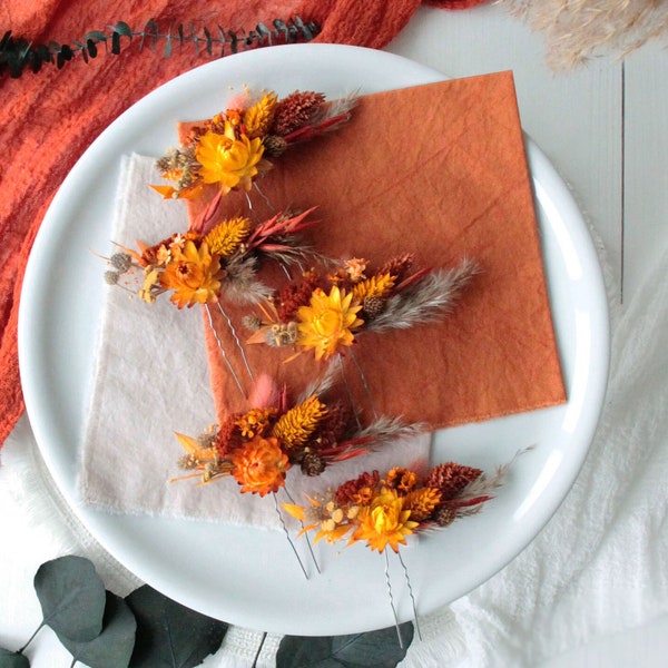 Flower hair pins rustic,Burnt orange rust hair pins,Rustic wedding clip,Orange flower hair pins,Bohemian hair pins, Bridal headpieces