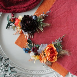 Burnt orange burgundy floral comb,Boho hair comb,Hair comb,Fall wedding,Burnt orange floral comb,Burgundy flower comb,Wedding hair comb