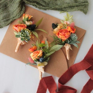 Orange Succulent Boutonniere, Autumn Wedding Accessories