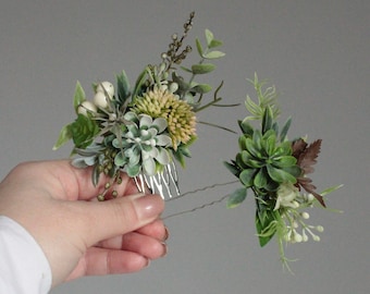 Hair pins with greens,Bridal hair clip,Wedding hair accessories,Hair pins Rustic,Hair pins with succulents,Floral headdress,Floral hair pins