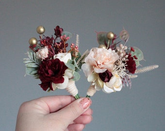 Burgundy Peach Floral Boutonniere: Boho Wedding Accessories