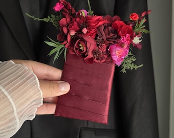 Burgundy Pocket Boutonniere, Cabernet Floral Groom Suit Accessory, Fall Wedding Flower