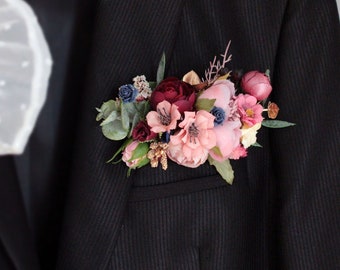 Pocket boutonniere,Dusty rose burgundy Pocket boutonniere,Groom,Groomsmen,Boutonniere Buttonhole,Flower accessorie,men boutonniere