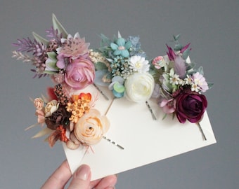 Fall flower hair pins,Floral hair pin,Rustic wedding clip, Woodland wedding,Pink floral pins,Bohemian hair pins,Bridesmaid flower headpiece,