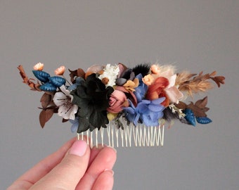 Autumn flower comb,Flower accessories,Bright bridal comb,Colorful hair comb,Dried flowers hair comb,Boho hair comb,Dark blue flower comb