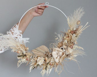 Couronne de fleurs séchées, cerceau de couronne de fleurs sèches, cerceau fait d'herbe de la pampa, cerceau de couronne naturel, décor bohème, crochets de porte, couronne de fleurs sèches 46 cm-bohème