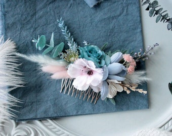 Bridal flower comb,Flower accessories,Pale pink-blue flower comb,Flower headpiece,Wedding hair comb,Blue flower hairpiece,Woodland wedding,