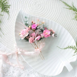 Set of 5 hair pins,Blush pink floral hair pins,Wedding Pink Flowers,Pink flower hair pins,Wedding hair pieces for bridesmaid image 3