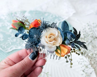 Orange blue flower comb,Woodland wedding,Wedding hair comb,Bridal floral comb,Rustic hairpiece,Flower accessories,Orange hair comb