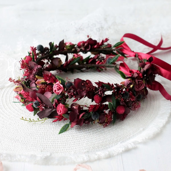 Burgundy flower crown,Burgundy  crown with raspberries,Maroon wedding,Rustic accessory set,Burgundy navy flower crown,Bridal flower crown