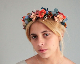 Bridal flower crown,Orange blue flower crown,Burnt orange flower crown,Fall wedding,Rustic wedding,Orange crown,Boho flower hairpiece