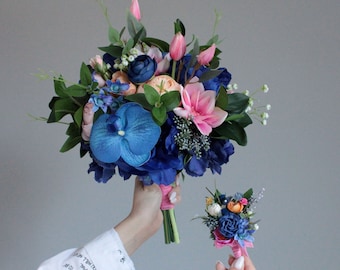 Custom royal blue pink  wedding bouquet,Bridal bouquet,Faux bouquet,Boho wedding,Wedding flowers,Fuchsia bouquet,Royal blue navy bouquet