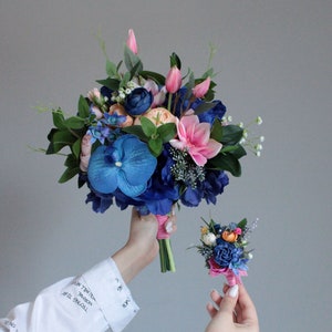Custom royal blue pink  wedding bouquet,Bridal bouquet,Faux bouquet,Boho wedding,Wedding flowers,Fuchsia bouquet,Royal blue navy bouquet