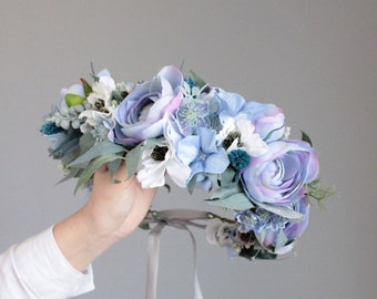 Blue white wedding flower crown,Blue flower crown,Wedding flower crown,Blue wedding headpiece, Bridesmaid flower crown,navy flower crown