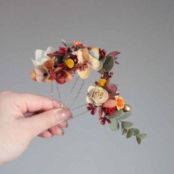 Beige hair pin,Fall wedding,Wedding accessories,Rustic hair pins,Orange flower clip,Boho hair pins,Bridesmaid hair pins,Bridal hairpiece