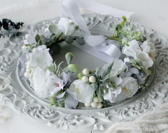 Couronne de fleur bleue blanche, couronne florale de mariage, mariage rustique, couronne de maternité, couronne de mariage, coiffes de fleurs, couronne de mariée de mariage