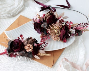 Dusty pink burgundy flower crown,Burgundy blush pink crown ,Maroon wedding,Boho wedding,Bridal flower crown,