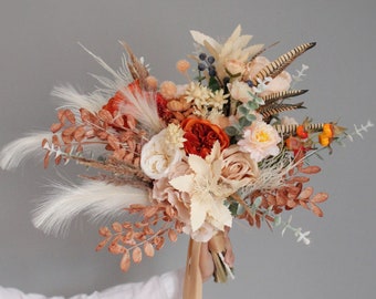 Bouquet de fleurs séchées Boho,Bouquet Boho,Fleurs de pêche rouille orange,Bouquet de mariée d’automne,Pêche rouille orange,BouquetsBeaux de bouquet de mariage Boho